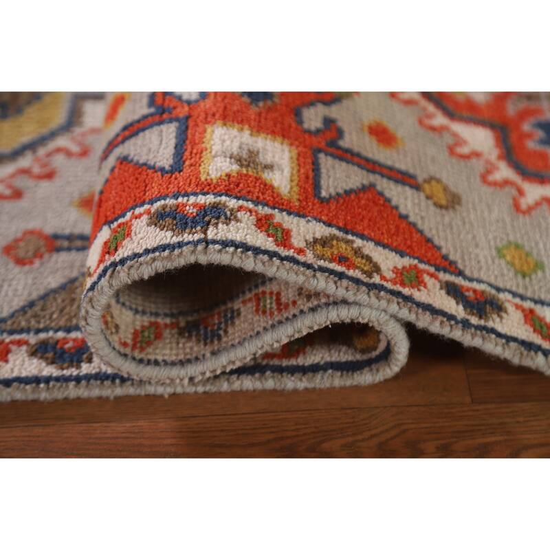 Geometric Green Kazak Indian Runner Rug Handmade Wool Carpet - 2'7"x 9'1"