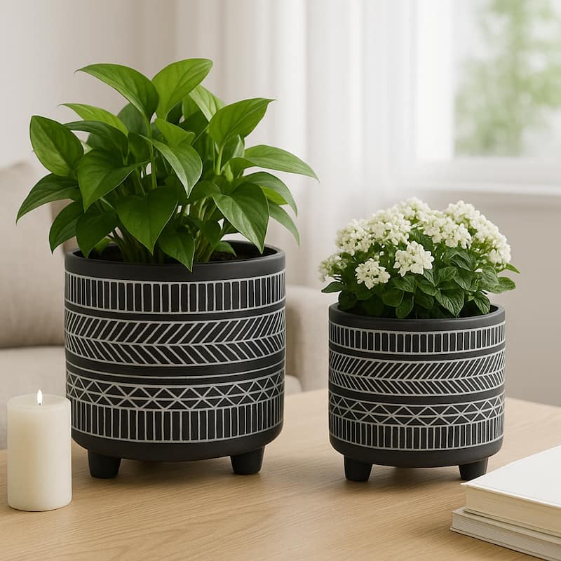 Ceramic Patterned Footed Planter - Set of 2 - 6" - 8"