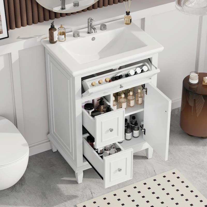 24" Bathroom Vanity with Sink, Bathroom Vanity Cabinet with One Flip Drawer and Two Drawers, Adjustable Shelf