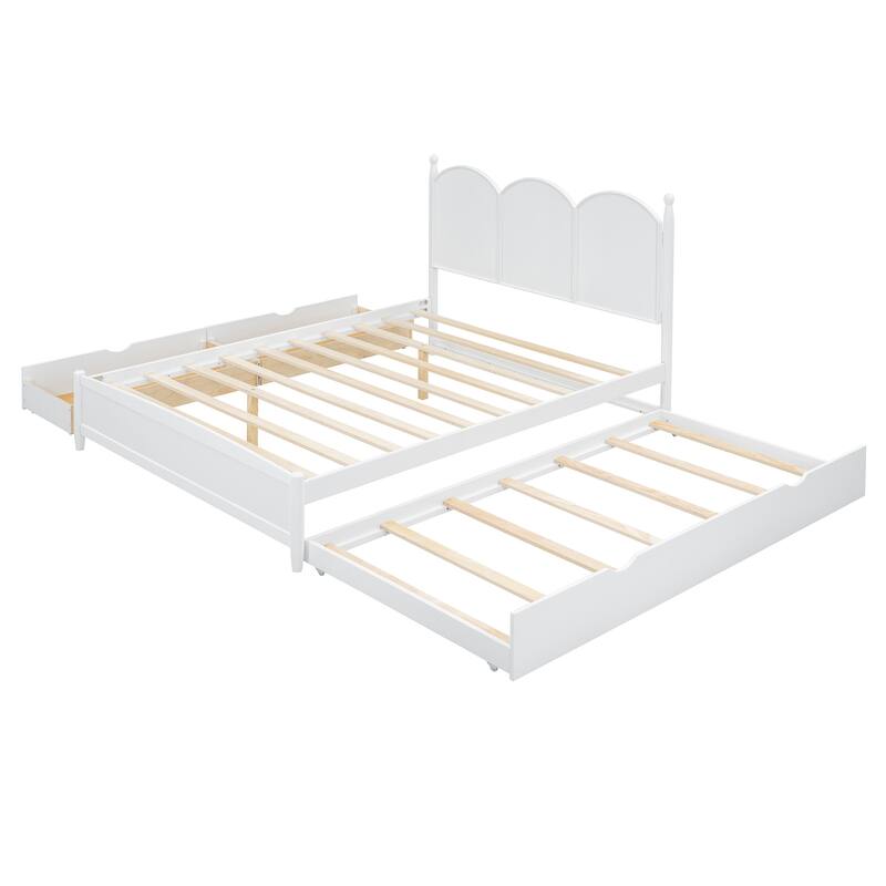 Queen Platform Bed with Twin XL Trundle and Dual Storage Drawers, Solid Wood Frame, Curved Headboard, Space-Saving