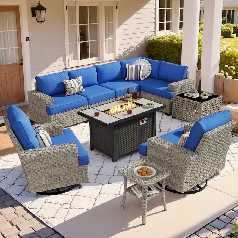 OVIOS 10 Pieces T shaped Seat Wide Armrest Swivel Chair Set With Fire Pit - NavyBlue