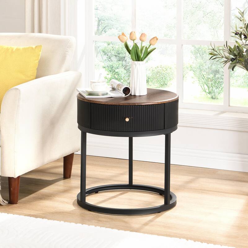19.68 Inch Modern Round Marble Side Table with Drawer and Storage