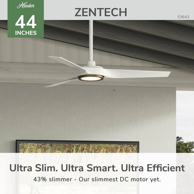 Hunter ZenTech Indoor / Outdoor 3-Blade Smart Ceiling Fan w/ LED Light and Handheld Remote - Modern & Contemporary.