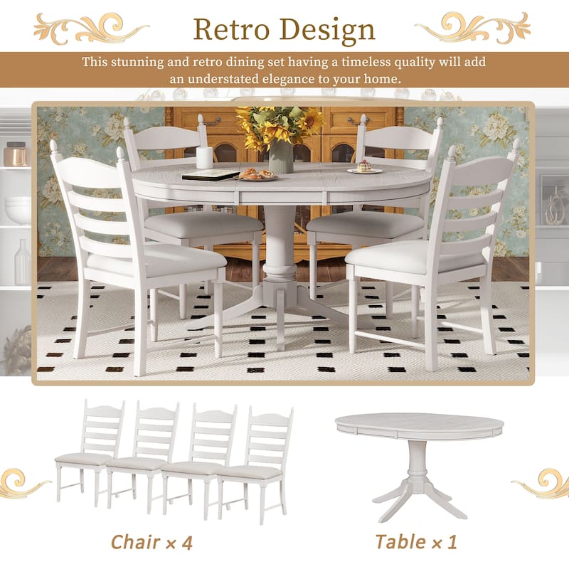 5-Piece Retro Functional Dining Table Set Wood Round Extendable Dining Table and 4 Upholstered Dining Chairs