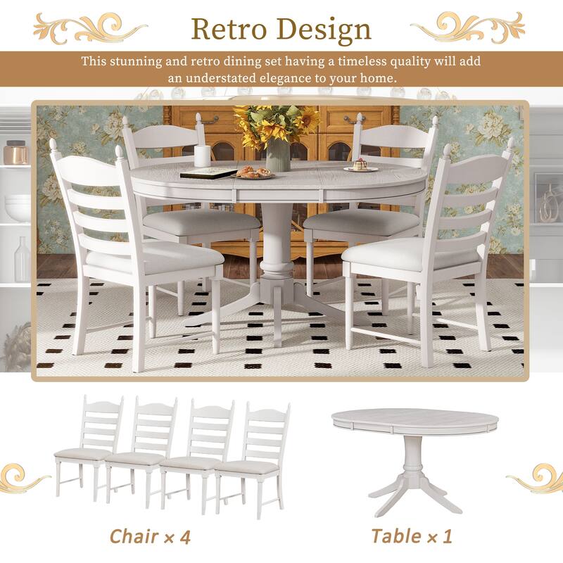 5-Piece Wooden Dining Table Set with Extendable Round Table & 4 Chairs