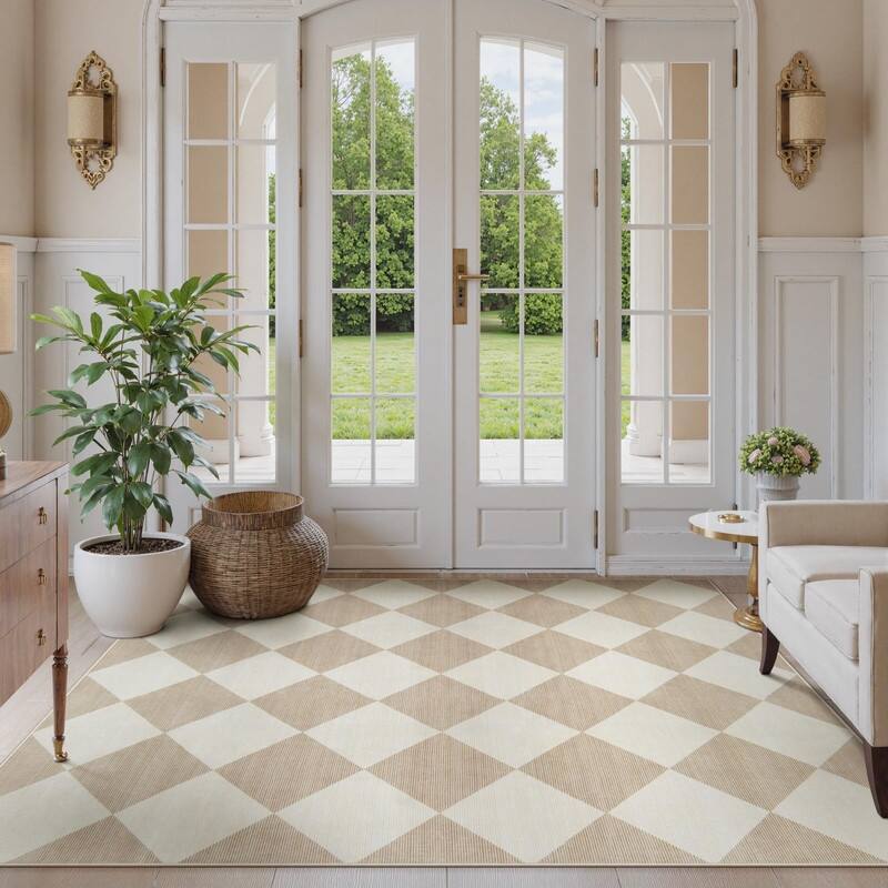 Checkered Long Hallway Runner Rug Non Slip, Beige