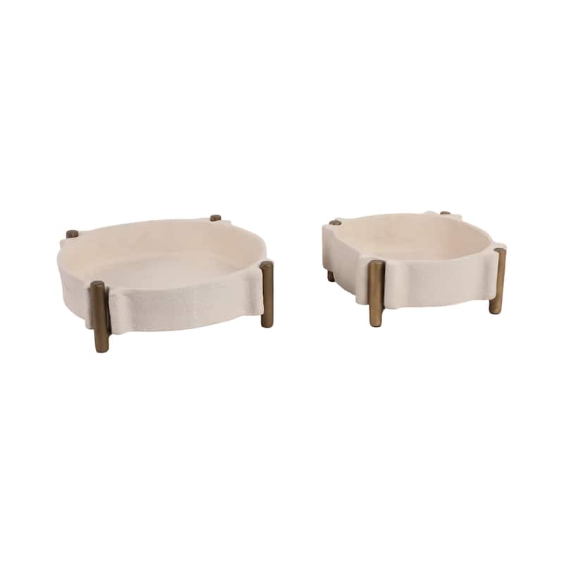Pottery and Metal Round Accent Tray- Set of 2 - 14", 11", Beige & Gold - 14.0"