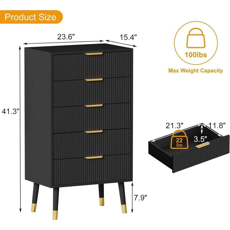 Modern 5 Drawer Dresser, Chest Cabinet Nightstand for Bedroom, Living Room