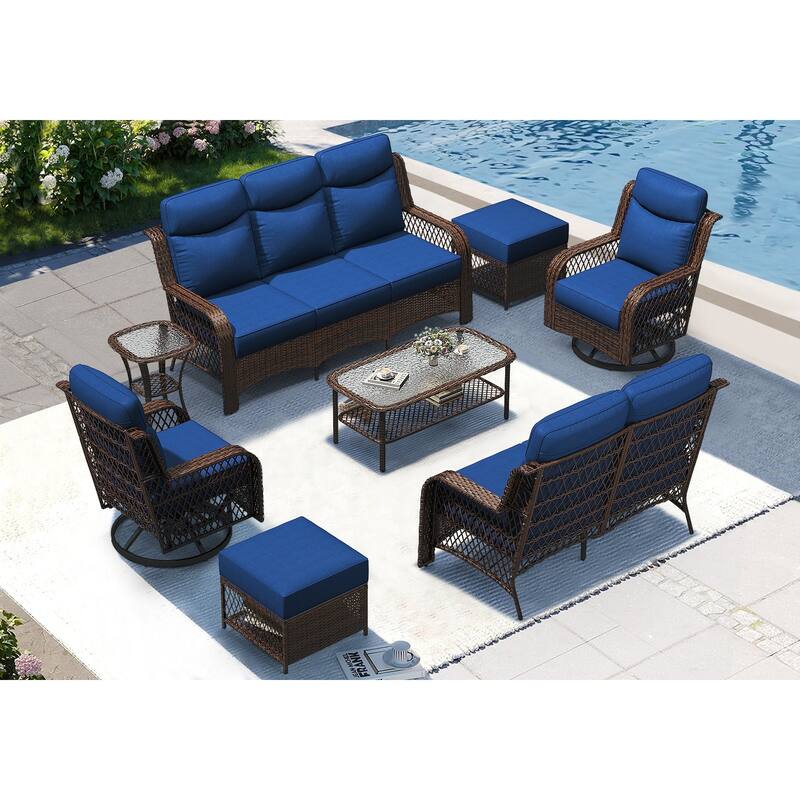 High Back Outdoor Swivel Rocker Patio Chairs Set of 2 with 5-Inch Thick Cushions and Side Table for Porch, Poolside - 7PCS - Swivel Gliders & 3-Seat Sofa & Loveseat