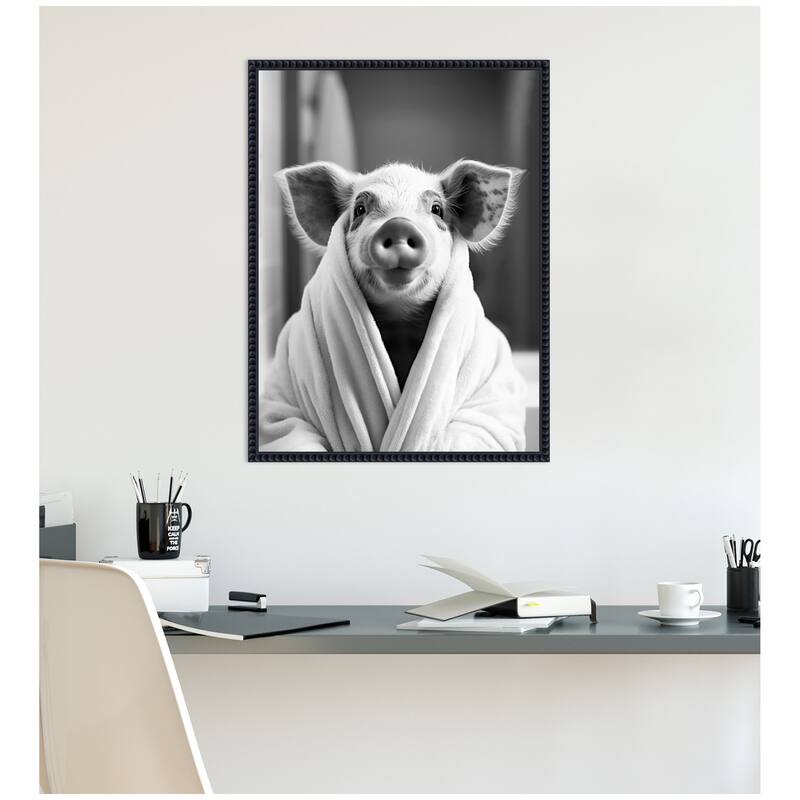 Kate and Laurel Sylvie Pig Bathroom Art Towel Robe Black and White Framed Canvas by The Creative Bunch Studio
