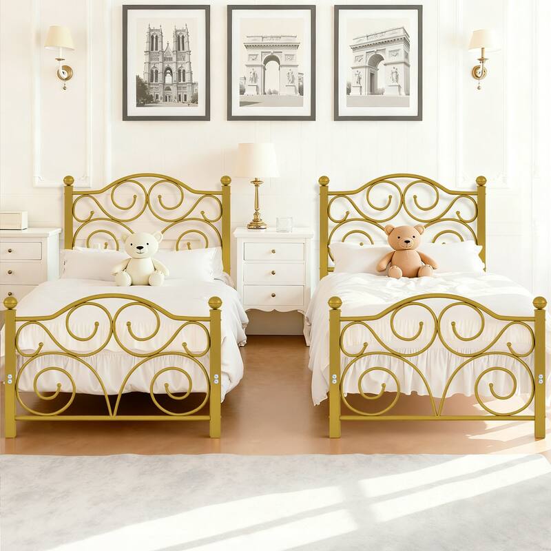 Javlergo 2-Pack Twin Size Victorian Metal Bed Frame for Kids with Headboard & Footboard No Box Spring Needed - Gold