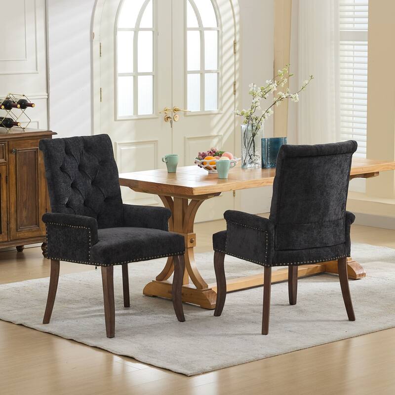 Upholstered Chenille Dining Chairs, Tufted Accent Armchairs with Curved Solid Wood Legs, Dining Room Arm Chair
