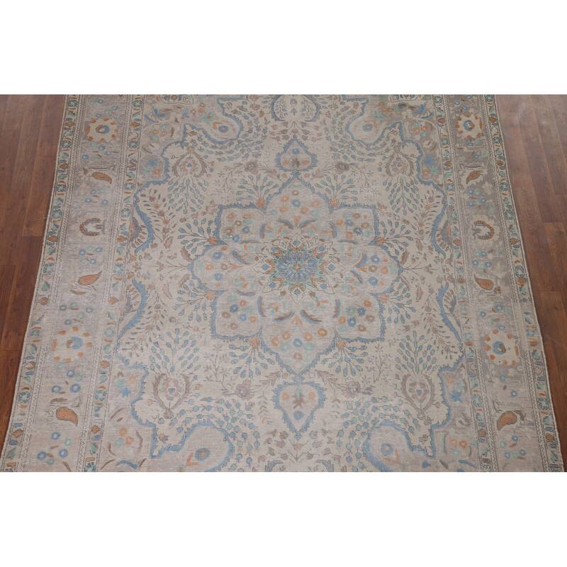 Antique Floral Distressed Tabriz Persian Rug Hand-knotted Wool Carpet - 6'8" x 10'0"