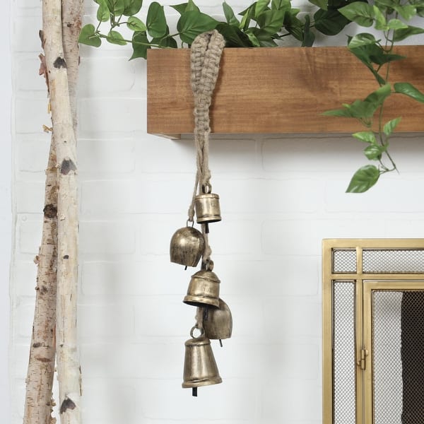 slide 2 of 26, Gold, White or Black Metal Tibetan Inspired Cascading Indoor Outdoor Decorative Cow Bells with 5 Bells on Jute Hanging Rope