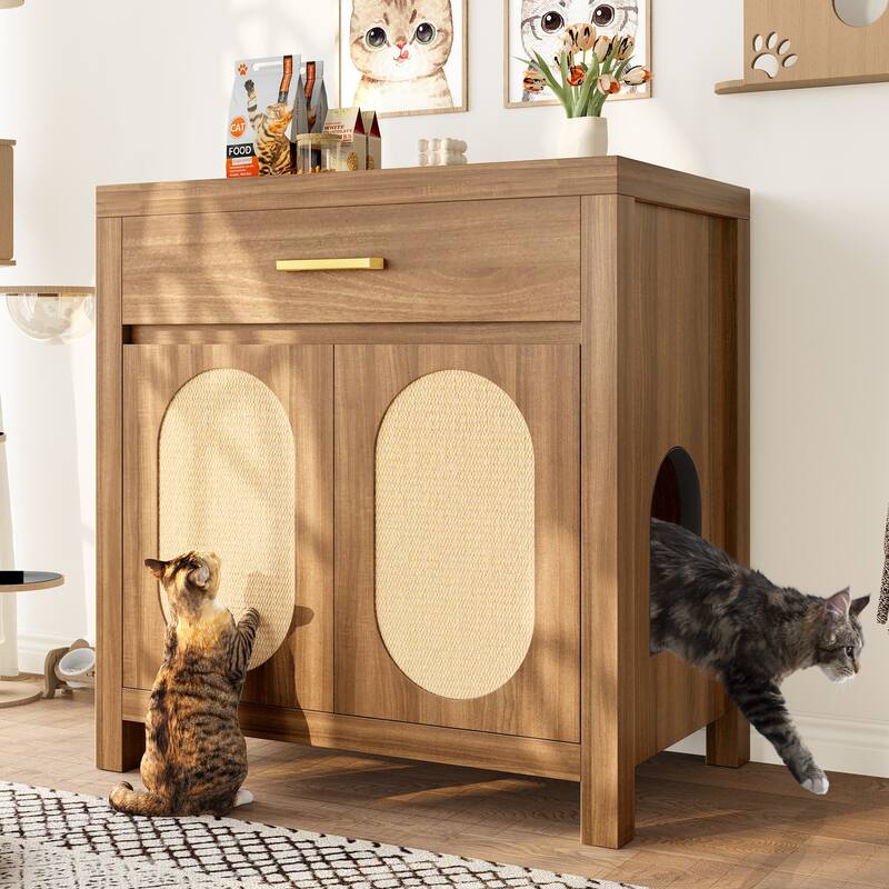 Cat Litter Box Enclosure, Hidden Cat Litter Box Furniture with Scratching Board Doors and Storage Drawer - Espresso