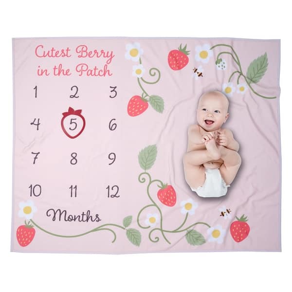 slide 2 of 6, Lambs & Ivy Strawberry Patch Milestone Photo Opportunity Fleece Baby Blanket