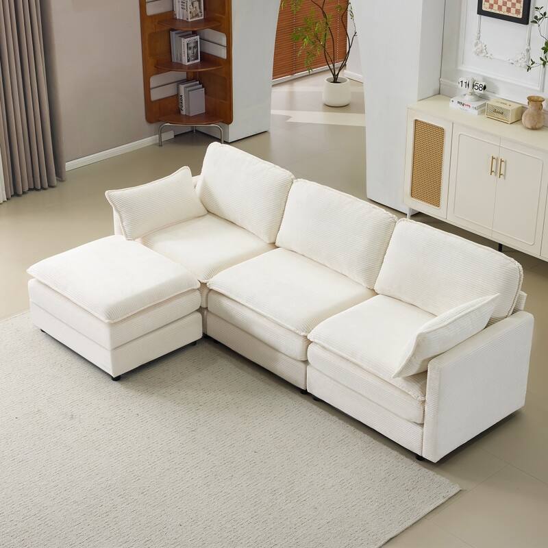 104" Modular 3 Seater Sofa with Ottoman,Beige Chenille Cushions and 2 Throw Pillows
