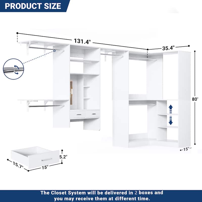 Cimly 131'' - 156'' Closet System with Makeup Vanity, All-in-one Corner Closet Organizer with Shoe Rack and Tower Shelves