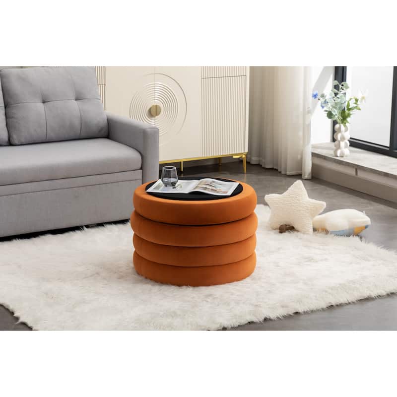 Velvet Round Ottoman with Storage, Footstool with Wooden Shelving, Multifunctional Round Vanity Stool for Makeup