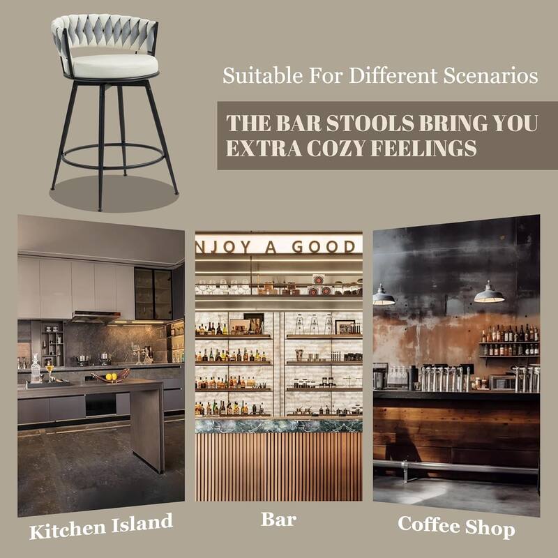 XINMICS 360° Swivel Bar Stools, 24 Inches Modern Counter Height Bar Stools with Woven Back, Upholstered Suede Tall Barstools