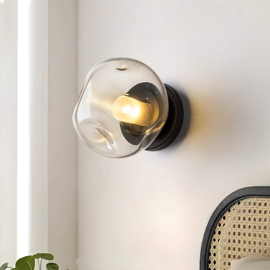 7.1" W Mid-Century Modern Matte Black Wall Sconce with Hand-Blown Smoked Gray/Pink Glass Shade for Bathroom, Staircase