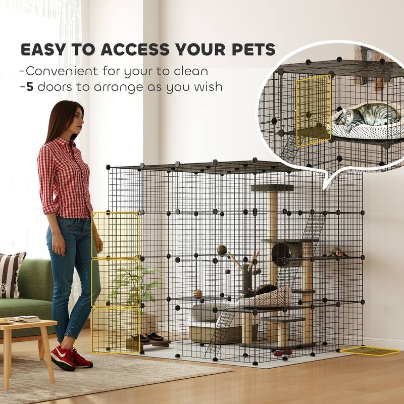 PawHut 4-Tier Large Cat Cage, 55" DIY Cat Playpen with Platforms, Ramps, Accessories, Detachable Metal Kitten Exercise Place