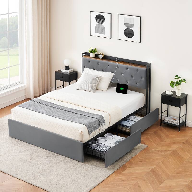 Upholstered Velvet Platform Bed Frame with 4 Storage Drawers and Charging Station - Queen