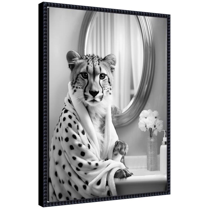 Kate and Laurel Sylvie Cheetah Glam Bathroom Towel Robe Black and White Framed Canvas by The Creative Bunch Studio - 18x24 - Black