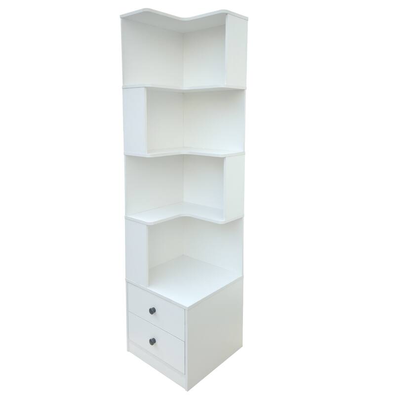 Corner Bookshelf With Drawers,4-Tier Corner Bookcase With Baffle, Freestanding L Shaped Display Shelf Stand With LED Lights
