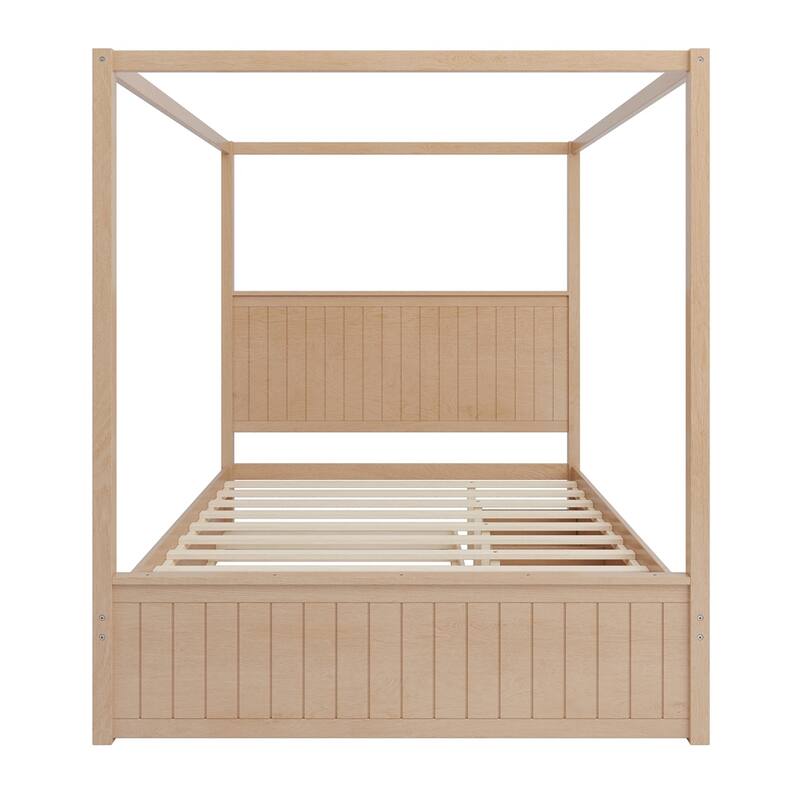 Queen Size 4-Post Solid Wood Canopy Platform Bed with Trundle and Drawers