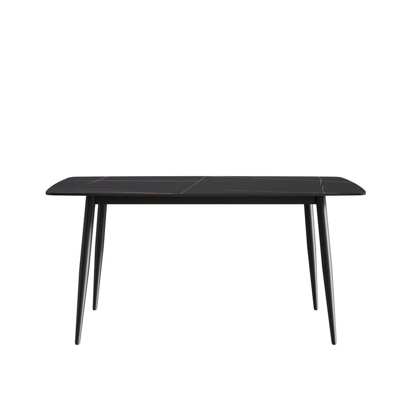 63" Modern Sintered Stone Dining Table,Solid Black Carbon Steel Base