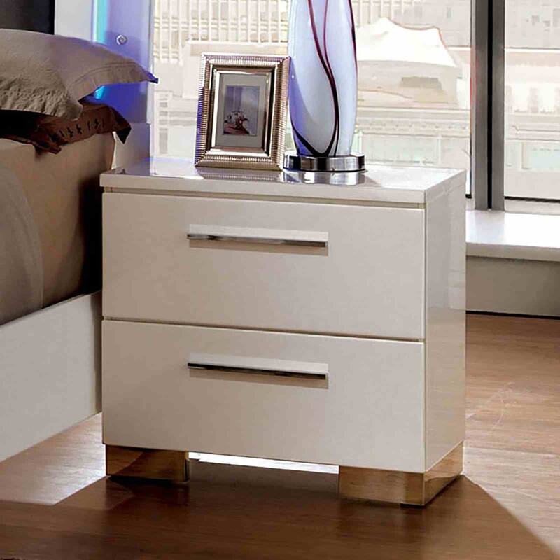 Contemporary Nightstand - Glossy White Finish, Lacquer Coating & Chrome Accents