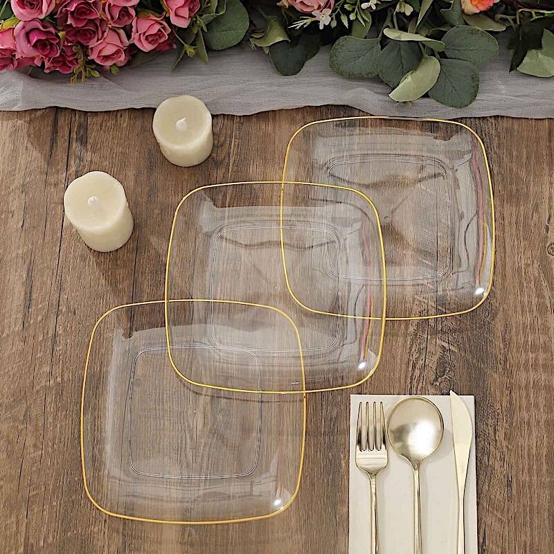 10 Pcs Square 7 Inch Disposable Plastic Plates, Gold Trim Bed Bath
