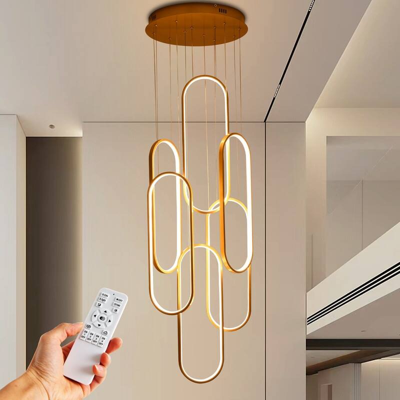 Modern Chandelier 6 Ring Adjustable Height Long Staircase LED Chandeliers Foyer Ceiling Light