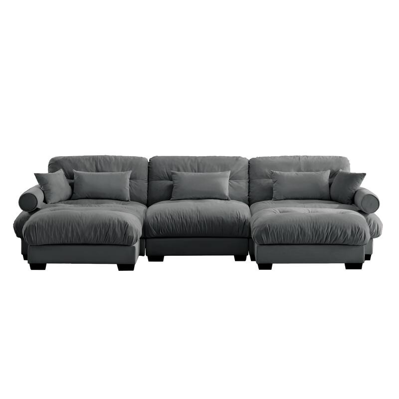 GDFStudio - Thalassia Velvet 3-Seater Sofa and Dual Movable Ottomans With Pillows