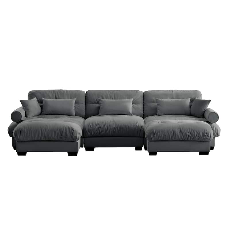 U-Shaped Velvet Sectional Sofa Set with Ottoman, 130" 3-Seater Modular Sofa withRound Armrests, Modern Upholstered Couch