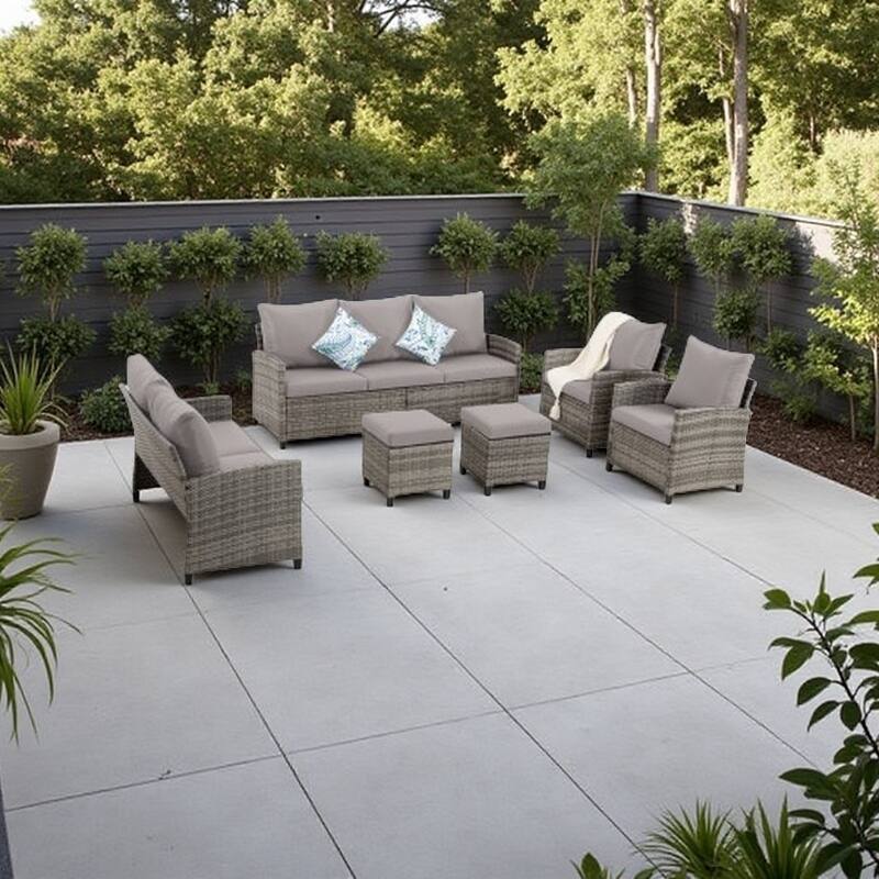 6-Piece Outdoor Patio Sofa Set with Cushions and Ottomans, All-Weather PE Wicker Sectional Conversation Furniture - Gray+Gray