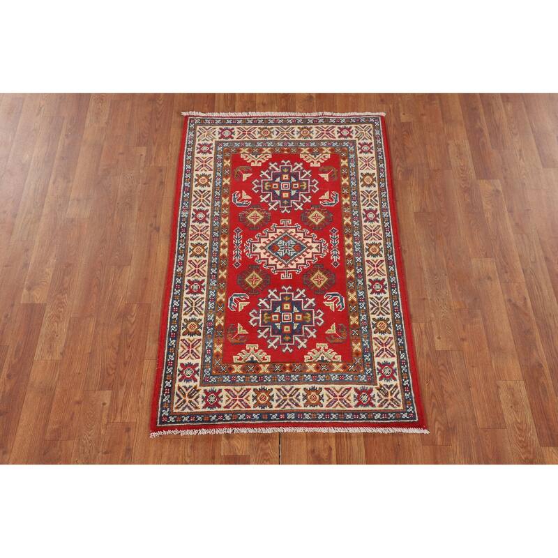 Geometric Red Kazak Oriental Accent Rug Bedroom Handmade Wool Carpet - 2'8" x 4'3"
