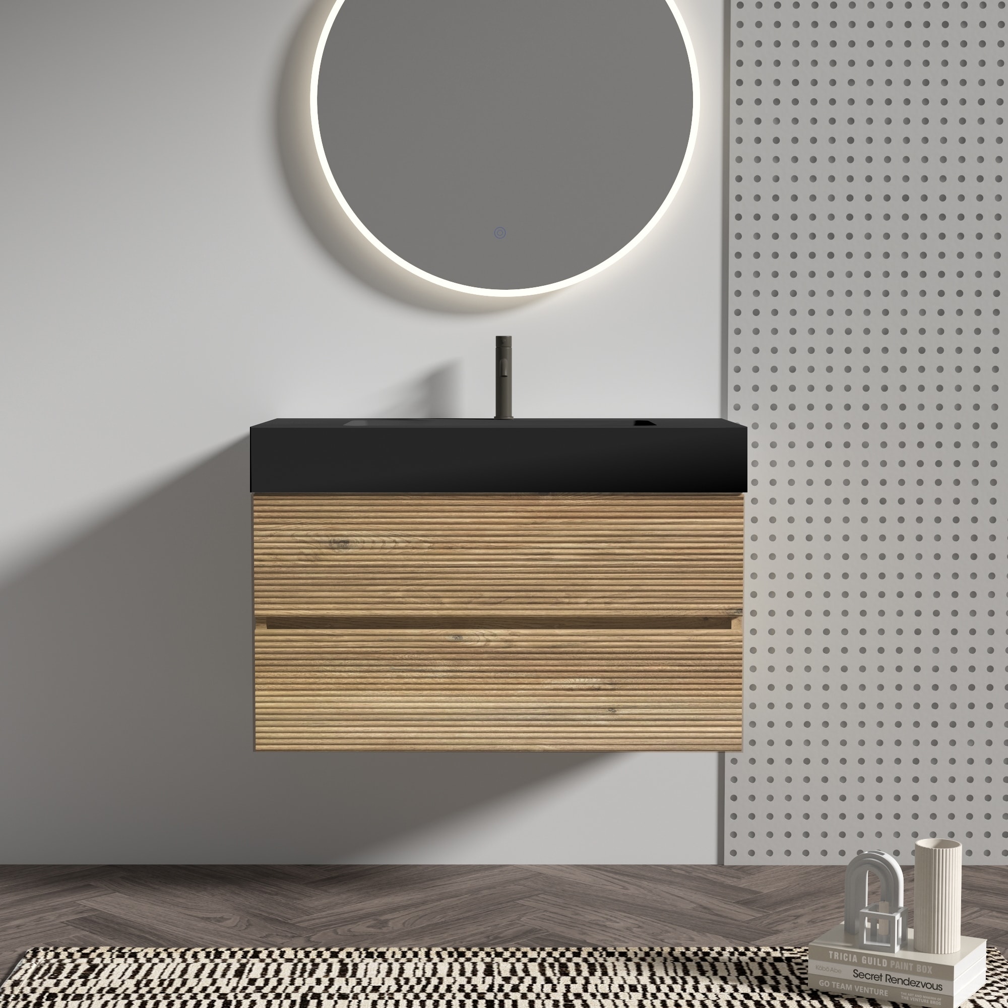 36"Bathroom Vanity with Oak Engineered Quartz Sink and Soft Black Drawers,Wall Mounted Floating Bathroom Vanity,One-Piece Basin
