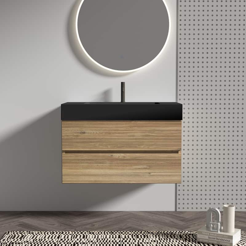 GDFStudio - Grace Wall-Mounted Bathroom Vanity with Engineered Quartz Sink & Soft Close Drawers, without Drainage and Faucet - 36" - Oak+Black