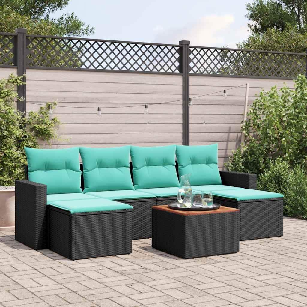 vidaXL 7 Piece Patio Sofa Set with Cushions Black Poly Rattan - 21.7 x 24.4 x 27.2