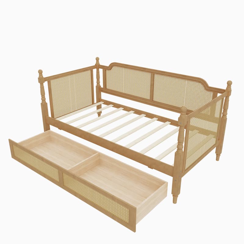 Twin/Full Rattan Bed Frame with 2 Storage Drawers & Curved Headboard, Wood Bedframe Daybed for Limited Space, Bedroom Guest Room