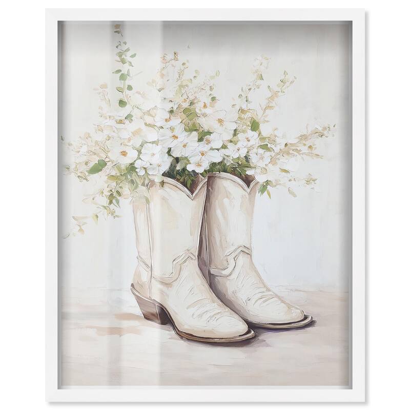 Prairie Bloom Boots Shadowbox by Art Remedy - White - 24" x 30"