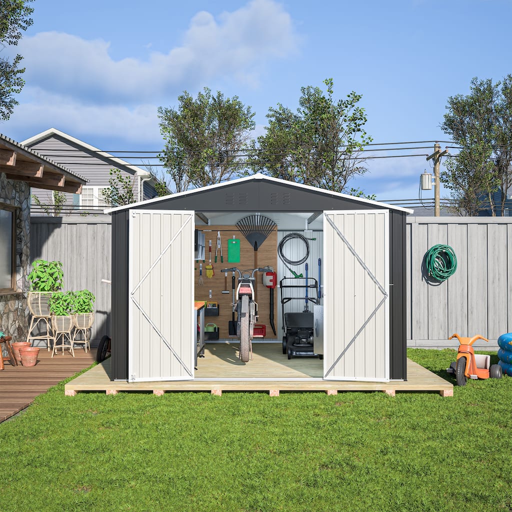 10x12 Ft Black Metal Garden Shed, Lockable Outdoor Tool Storage