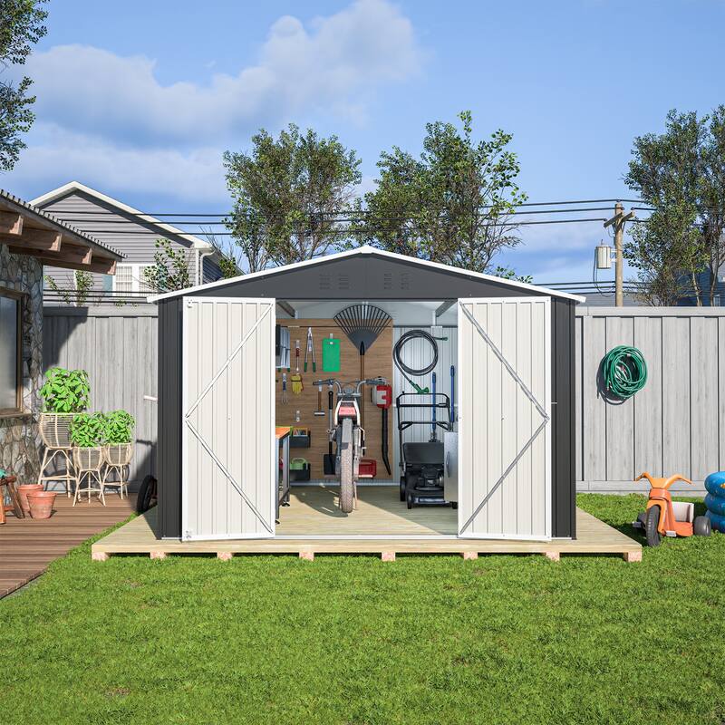 10x12 Ft Black Metal Garden Shed, Lockable Outdoor Tool Storage - Black