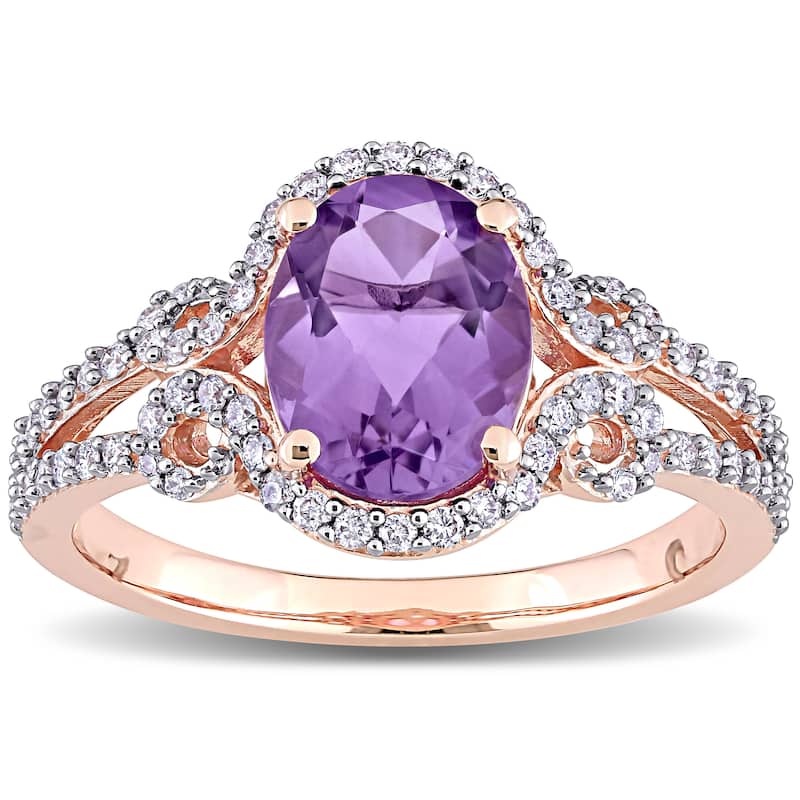 Miadora 14k Rose Gold Oval-cut Amethyst and 1/3ct TDW Diamond Halo Split Shank Engagement Ring
