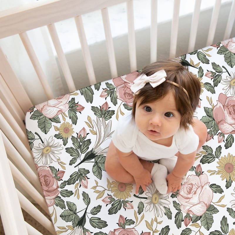 Sweet Jojo Designs Vintage Floral Boho Girl 2p Fitted Crib Sheets Bohemian Shabby Chic Farmhouse Wildflower Leaf Green White
