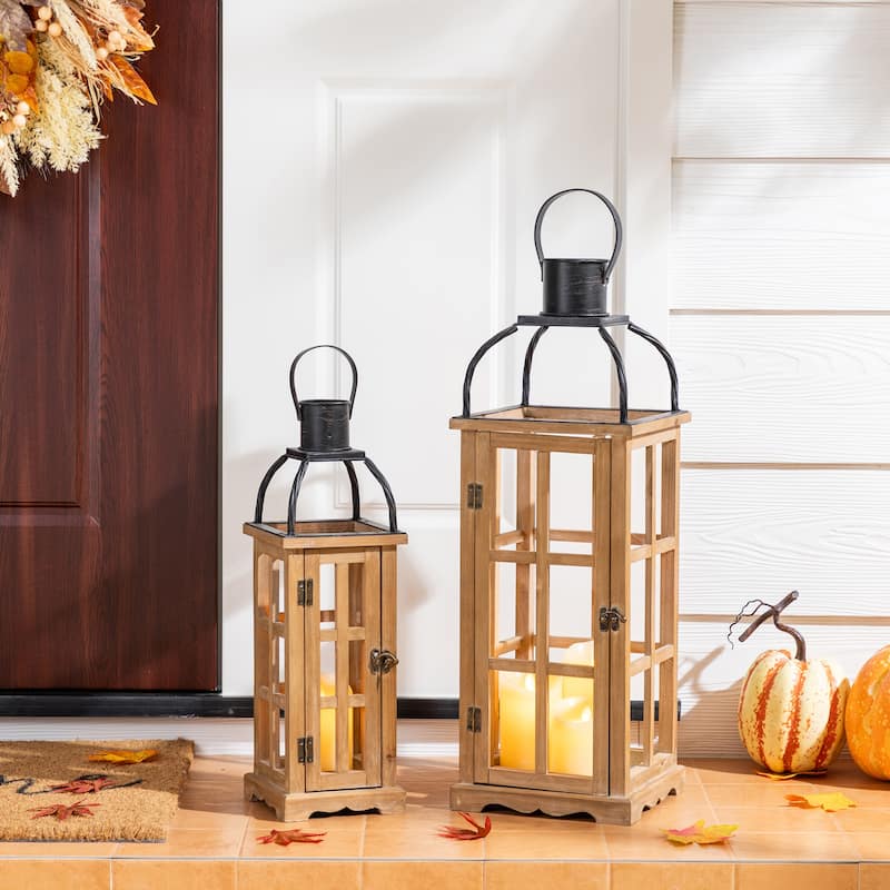Glitzhome Farmhouse Wooden Metal Cage Candle Holders Patio Hanging Vintage Lanterns (Set of 2) - S - Brown