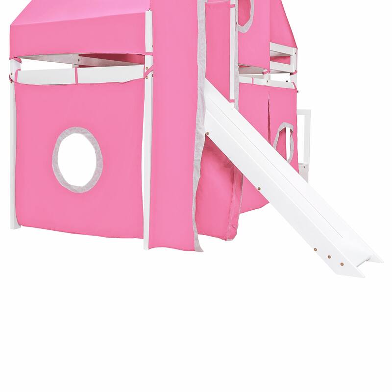 Roomfitters Twin Size Loft Bed with Slide, Tent Canopy and Decorative Tower, Playful Sleep Space