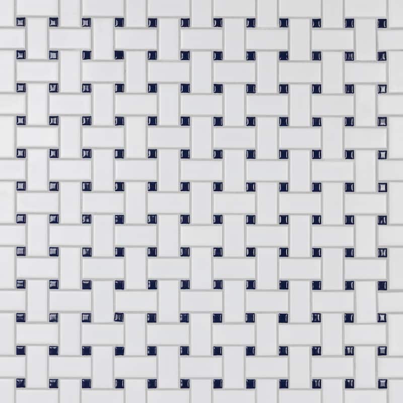 Merola Tile Metro Basketweave White w/ Glossy Cobalt Dot 11-3/4" x 11-3/4" Porcelain Floor and Wall Tile